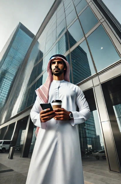 DALL·E 2025-01-29 12.48.16 - A professional Arab man wearing a traditional white galabiya, standing confidently in front of a modern glass building. The perspective is from a low DALL·E 2025-01-29 12.48.16 - A professional Arab man wearing a traditional white galabiya, standing confidently in front of a modern glass building. The perspective is from a low